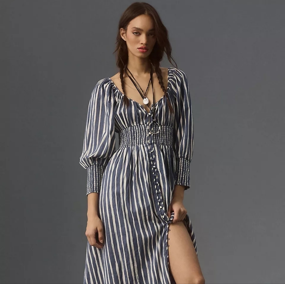 Striped Navy and White Smocked Waist Maxi Dress Anthropologie Petite Lange